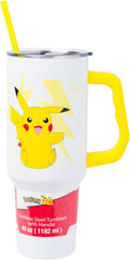 Silver Buffalo Pokémon Double Walled Stainless Steel Tumbler with Handle Featuring Pikachu, Fits in Standard Cup Holder, 40 Ounces