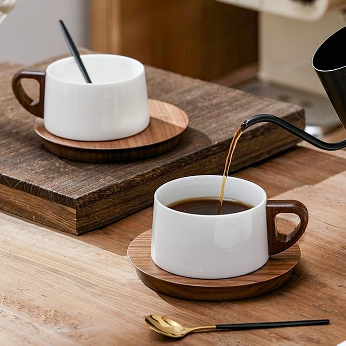5oz/150ml Cappuccino Cup and Saucer Set, White Porcelain Cup with Walnut Wood Saucer, Espresso Coffee Mug, set of 1 (SYJ-TC001)