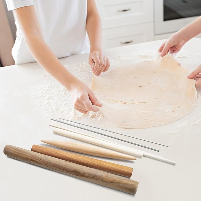 8 PCS Pasta Rolling Pins Set, Multiple Sizes Wood and Stainless Steel Non-Stick Pizza Roller Professional Baking Dough Roller for Pastas, Ramen, Tortilla, Bread, Noodles