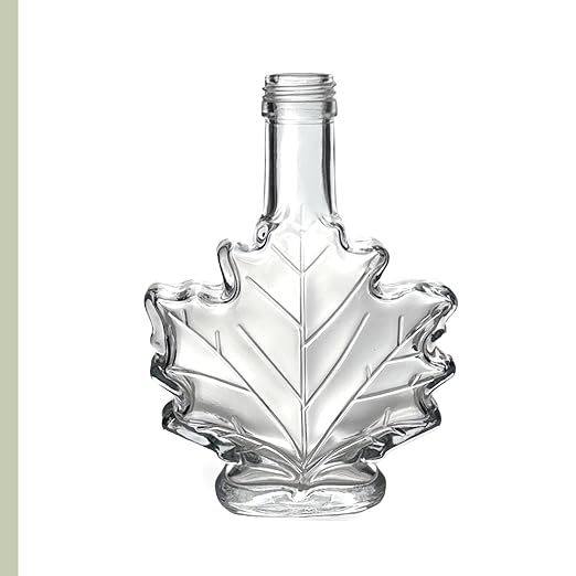 North Mountain Supply Maple Leaf Glass Syrup Bottle – 3.4 fl oz (100 ml) – Black Metal Lid – Case of 12 – Ideal for Maple Syrup, Honey, or Homemade Gifts