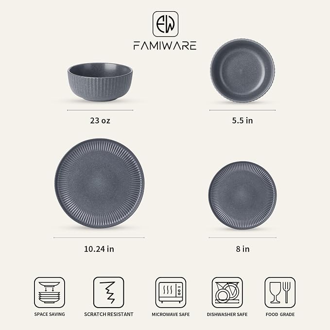 Famiware Starlight 12-Piece Plates and Bowls Sets for 4, Stoneware Dinnerware with Ribbed Textured, Handcrafted Reactive Glaze Dishes - Dishwasher & Microwave Safe, Chip/Scratch Resistant, Matte Grey