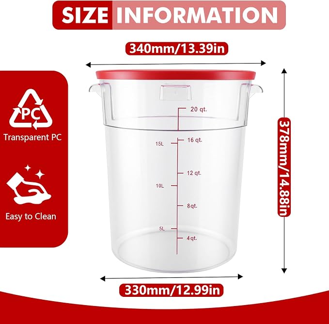 2 Pack Square Food Storage Container With Lid,12-22 Quart Commercial Storage Box With Scale & Handle,Cake Making,Dough Marinating Meat,Kitchen Supplies (Polycarbonate, Round 21 Quart)
