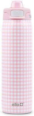 Ello Pop & Fill 22oz Stainless Steel Water Bottle with QuickFill Technology, Double Walled and Vacuum Insulated Metal, Leak Proof Locking Lid, Straw and Chug, Reusable, BPA Free, Pink Gingham