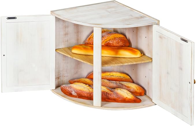 HOMEKOKO Double Layers Bamboo Corner Bread Box for Kitchen Counter, Vintage Wooden Large Capacity Bamboo Bread Food Storage Bin (Vintage White)