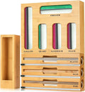 Ziplock Bag Organizer Bamboo Set with Aluminum Foil Organizer, All in One Baggie Organizer for Drawer, Zip Lock Bag Organizer for Kitchen Storage and Countertop Wrap Rolls