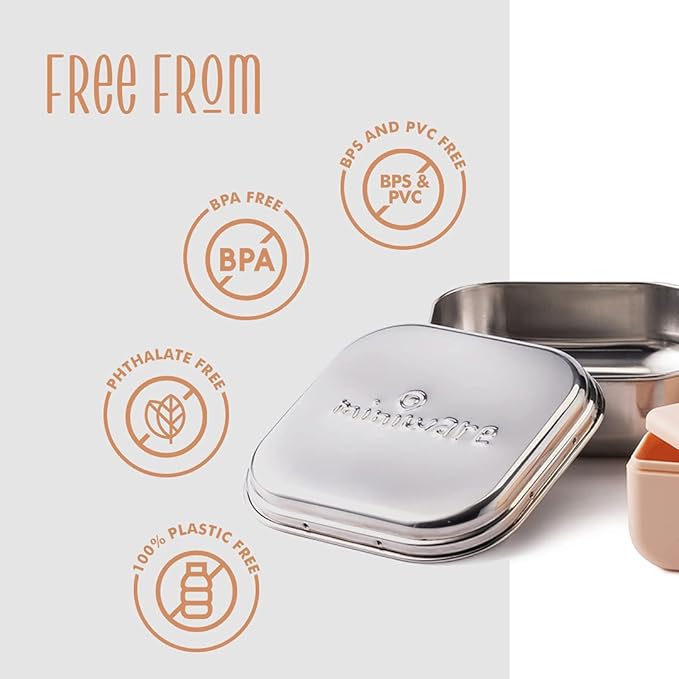 Miniware GrowBento Box and 2 Silipods | Durable 304 Stainless Steel Lunch Box and Leakproof Silicone Storage Containers Set | Grows from Baby Purees to School Lunches (Steel + Peach)