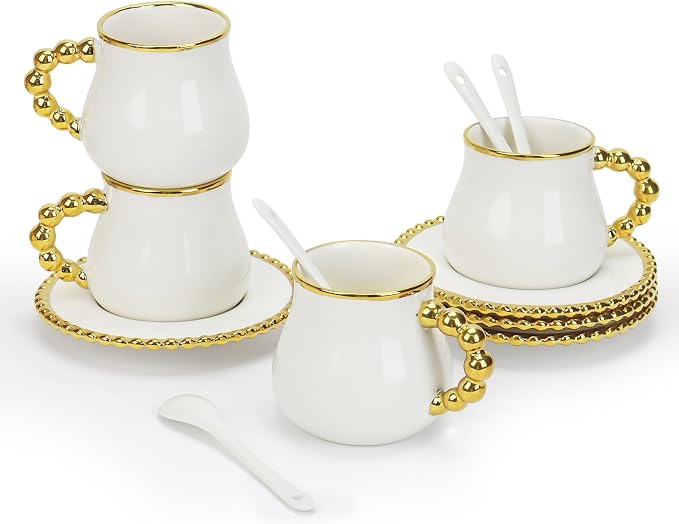 Espresso Cups with Saucers, Ceramic Coffee Cup Set of 4, 8 OZ Turkish Coffee Cup Set, Elegant Coffee Cup Gift for Double Shot, Latte, Cafe Mocha and Tea, Dishwasher & Microwave Safe