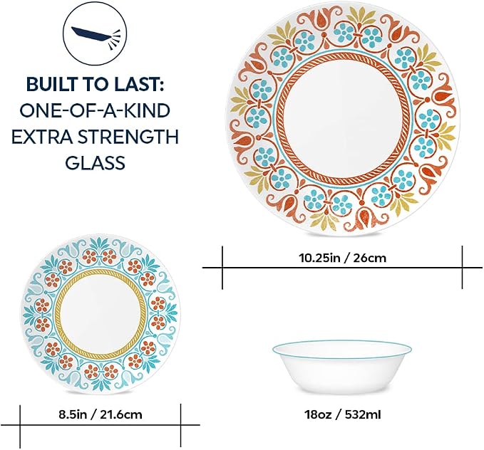 Corelle Global Collection Vitrelle 12-Piece Dinnerware Set, Triple Layer Recycled Glass, Lightweight Eco-Friendly Round Plates and Bowls Set, Terracotta Dreams