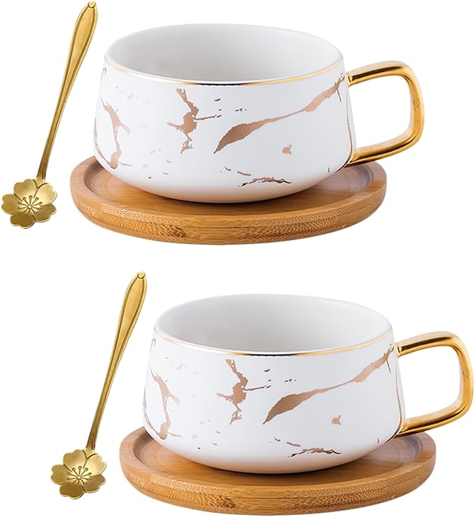 Jusalpha 10 oz Luxury Golden Hand Print Teacup Coffee Cup with Bamboo Saucer Set TCS19 (2 Sets, White)
