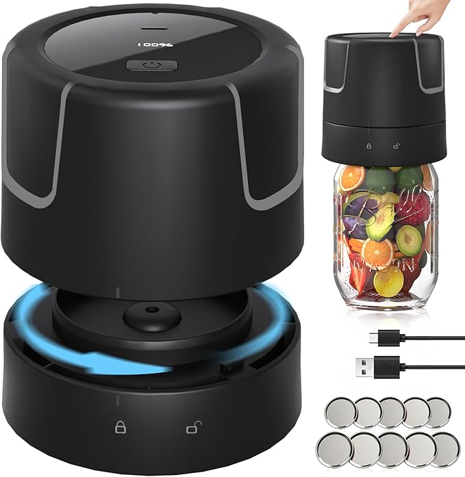 Electric Mason Jar Vacuum Sealer - 85kPa Strong Suction Vacuum Sealing Machine with Regular and Wide Mouth Mason Jar Lids - Silent Rechargeable Portable Vacuum Sealer for Food Storage or Fermentation