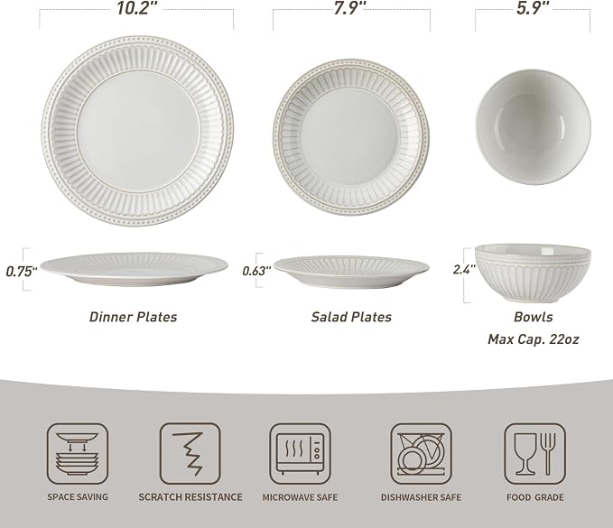 Famiware Garden 18-Piece Embossed Plates and Bowls Sets, Stoneware Reactive Glaze Dishes Dinnerware Set, Modern Rustic, Chip & Scratch Resistant, Microwave & Dishwasher Safe, Service for 6, White