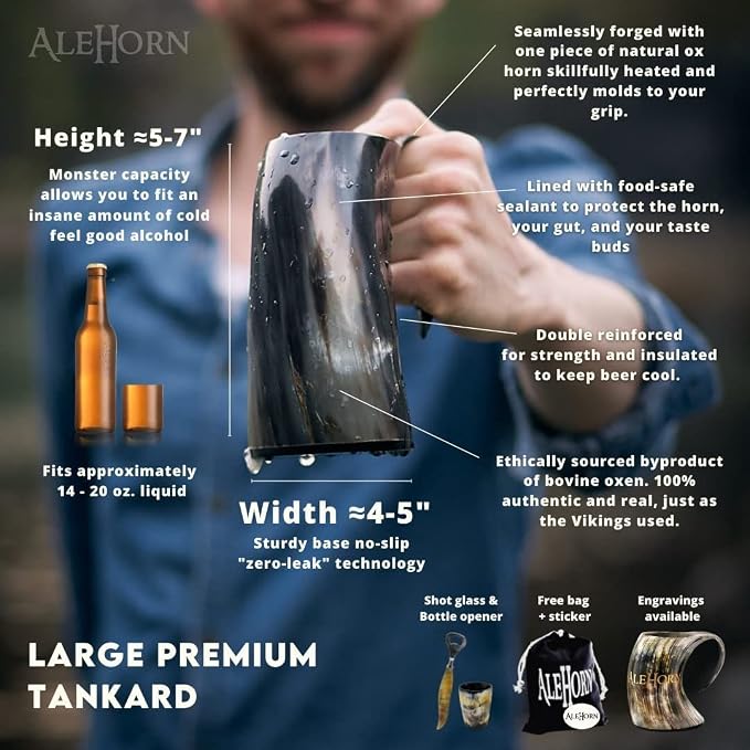 AleHorn Viking Horn Mug, Shot Glass and Bottle Opener Bundle – Handcrafted Natural Ox Horn Tankard for Ale, Mead & Beer – Authentic Medieval Mug – Unique Gift for Men