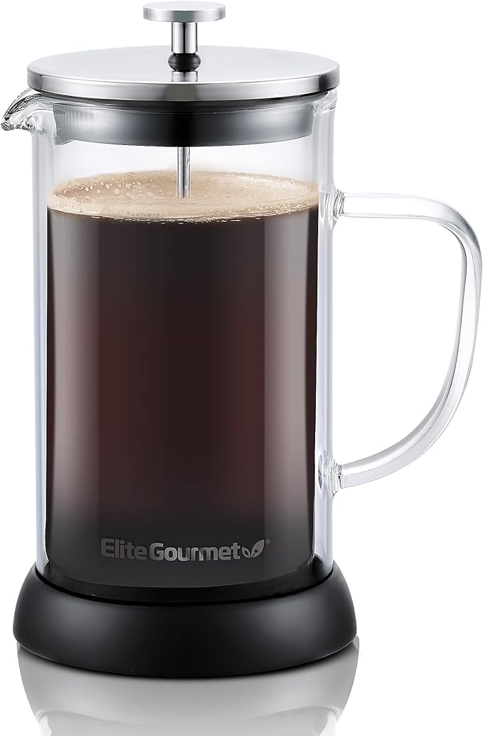 Elite Gourmet FP1223 1 Liter French Press Coffee Maker, Double Wall Insulated Borosilicate Glass Carafe, Dishwasher Safe Stainless Steel Filter/Plunger Assembly, Removable Silicone Base, Easy to Clean