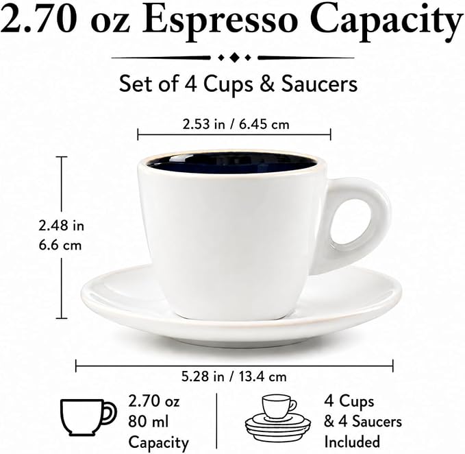 Bacimi® Espresso Cups and Saucers Set of 4 – 2.7oz Thick Barista Style Stoneware Cups - Blue Glaze Classic Italian Design - Ceramic Cups For Espresso, Macchiato, Doppio – Dishwasher & Microwave Safe