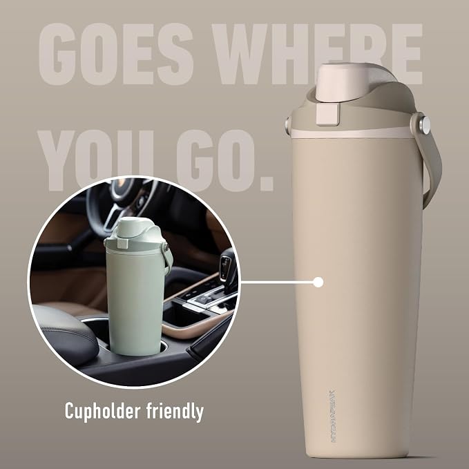 Hydrapeak Roamer 32oz Insulated Water Bottle with Straw Lid w/Lock & Handle, Leakproof Stainless Steel, Rubber Grip Base, Travel and Cupholder Friendly, Keeps Drinks Cold 24 Hours (Latte)