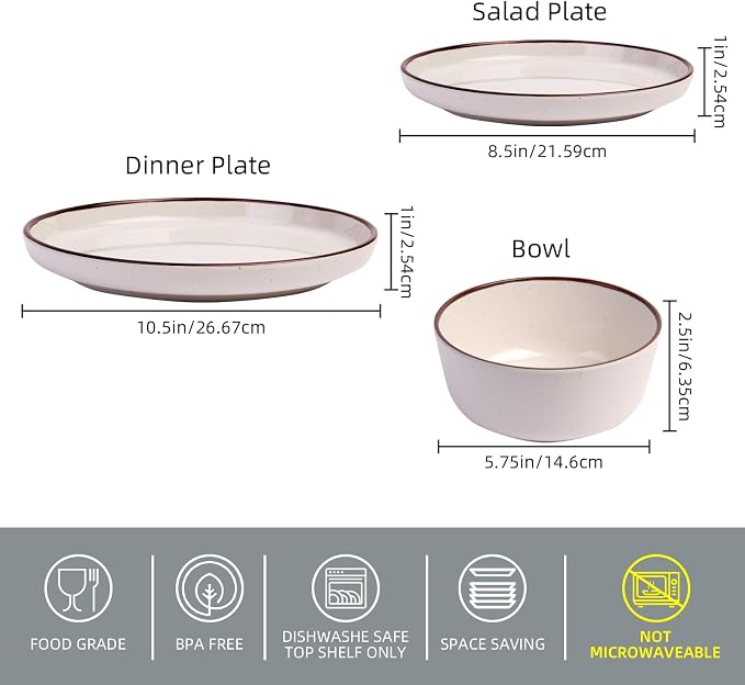 12 Piece Melamine Dinnerware Sets for 4, White Base with Speckles,Modern Plates and Bowls Sets, Lightweight Shatterproof Durable Dishware for Camping Picnic Party(White with Dark Brown Rim)