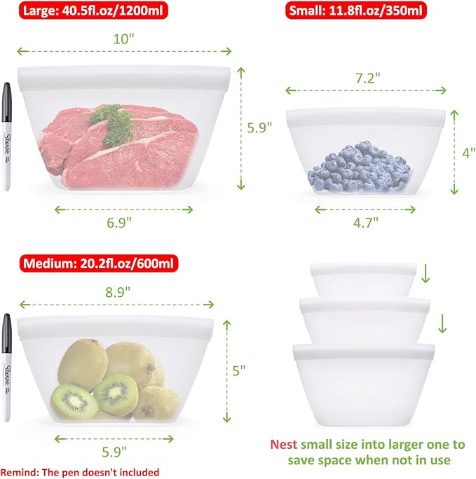 Ziplock Silicone Food Storage Bags Freezer, Bundle of 3 Compartment Silicone Bento Box Adult Lunch Container, Microwave Oven Dishwasher Safe