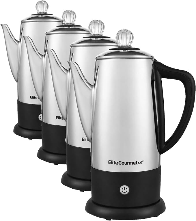 Elite Gourmet EC812 Electric 12-Cup Coffee Percolator with Keep Warm,Clear Brew Progress Knob Cool-Touch Handle Cord-less Serve,Stainless Steel,(Pack of 4)