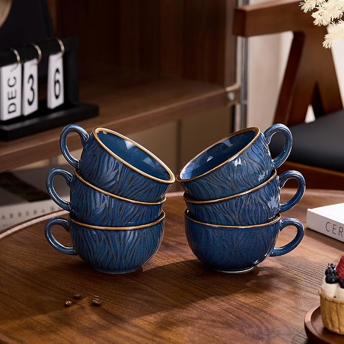 Coffeezone Set of 6 Vintage Design 12 oz Professional Barista Ceramic Latte Art Cappuccino Cups Set (Wave Blue)