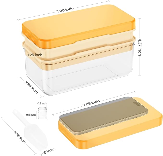 PHINOX Ice Cube Tray with Lid and Bin, Ice Trays for Freezer, Flexible Ice Cube Trays, Making 56 pcs Ice Cubes, Chilling Cocktail, Whiskey, Coffee, with 2 trays, Ice Container, Scoop&Cover, BPA Free