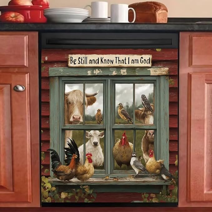 Farmhouse Animals Dishwasher Magnetic Cover,Rooster Refrigerator Magnet Cover Panel Decal, Cow Washing Machine Front Cover Magnetic Cover,Christian Appliance Panel Sticker,23"x26"