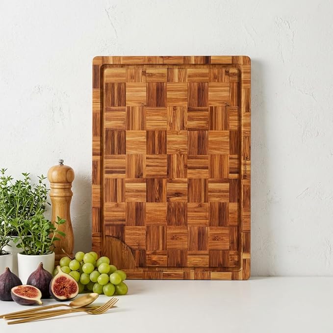 XL Bamboo Cutting Board for Kitchen Extra Large End Grain Wood Checkered Chopping Board with Deeper Juice Grooves Carbonized Wooden Butcher Block for Kneading Dough, Meat, Cheese & Charcuterie