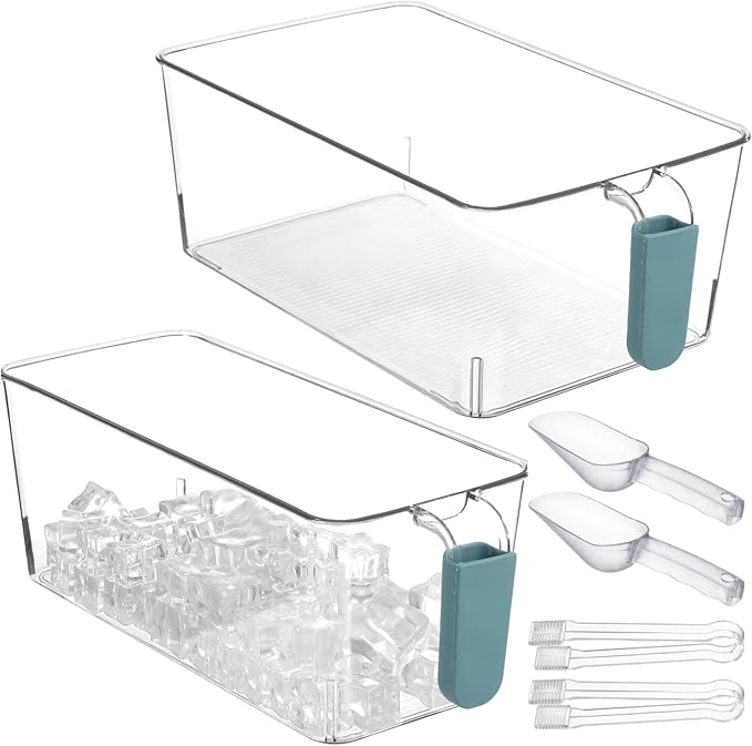 2 Pcs Ice Bin with Scoop and Tong, Ice Bucket with Handle for Freezer, 2 Sizes Clear Plastic Ice Container for DIY Drink Summer Party, 12.2 x 6.9 x 4.3 in, 12.2 x 4.9 x 4.3 in, Cyan