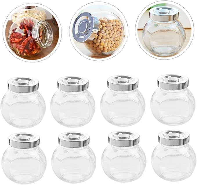 PRETYZOOM Round Glass Sealed Jar Airtight Kitchen Storage Container 8-Piece Set for Dry Fruits and Snacks Sealed for Meal Prep and Organization