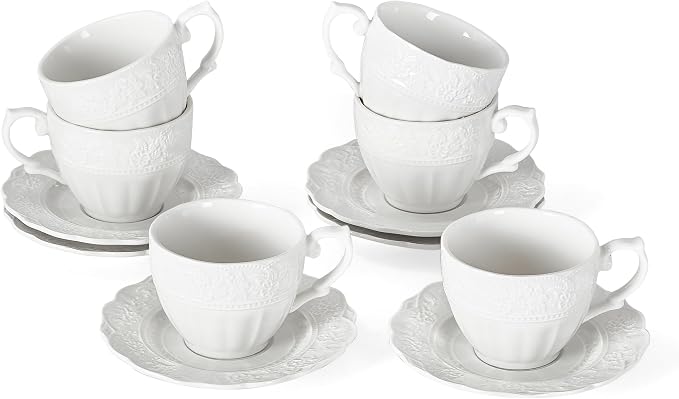 3 oz Espresso Cups Set of 6, Bone China Small Espresso Coffee Cups & Saucers Set, Handcraft Floral Embossing Ceramic Demitasse Mugs Mini Barista Cups for Latte Mocha Farmhouse Housewarming Gift, White