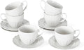 3 oz Espresso Cups Set of 6, Bone China Small Espresso Coffee Cups & Saucers Set, Handcraft Floral Embossing Ceramic Demitasse Mugs Mini Barista Cups for Latte Mocha Farmhouse Housewarming Gift, White