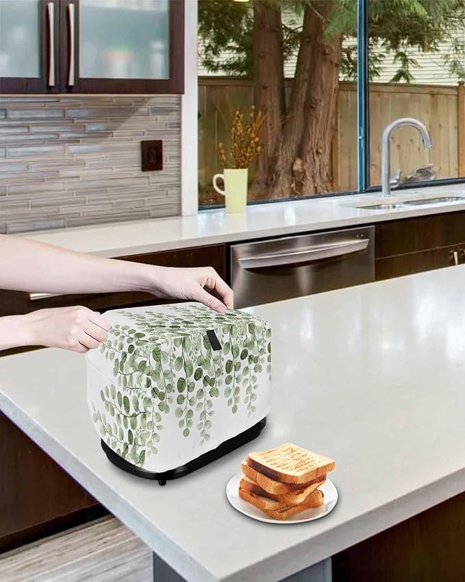 Sage Green Eucalyptus Leaves Toaster Cover 2 Slice, Spring Botanical Dustproof Bakeware Oven Protector with Top Hook, Country Waterproof Small Kitchen Appliance Toasters Dust Cover, 11"x6"x8"