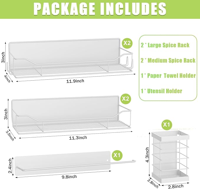 Magnetic Spice Rack for Refrigerator, 6 Pack Strong Magnet Spice Organizer with Paper Towel Holder, Utensil Holder, Moveable Magnetic Fridge Shelf for Kitchen Organization and Storage (White)