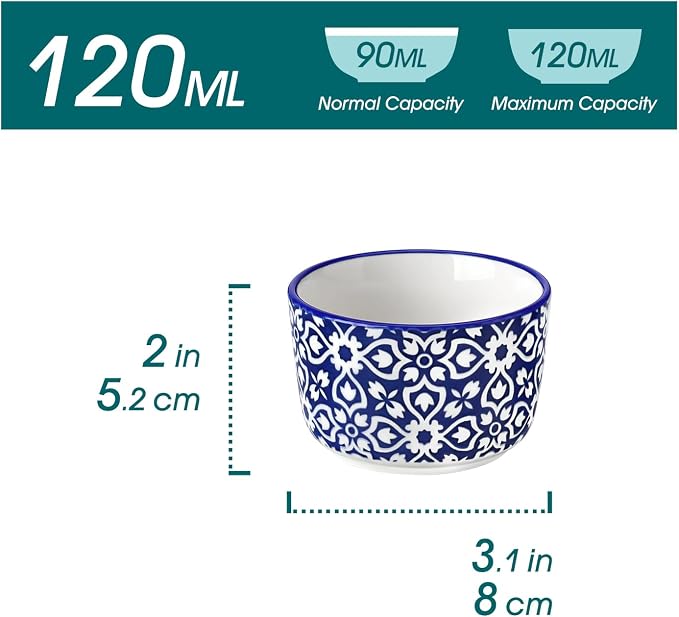 vancasso Selene 4 oz Mini Ceramic Ramekins Set of 6, Oven-Safe Baking Cups for Crème Brûlée, Soufflés, Desserts, Handcrafted Blue and White Patterns