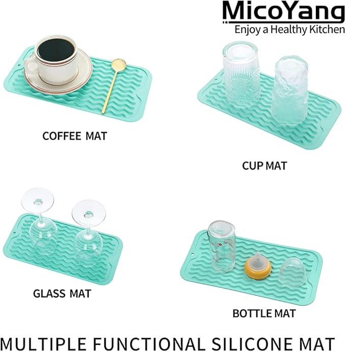 MicoYang Silicone Dish Drying Mat for Multiple Usage,Easy clean,Eco-friendly,Heat-resistant Silicone Mat for Kitchen Counter or Sink,Refrigerator or Drawer Liner Mint S 12 inches x 6 inches