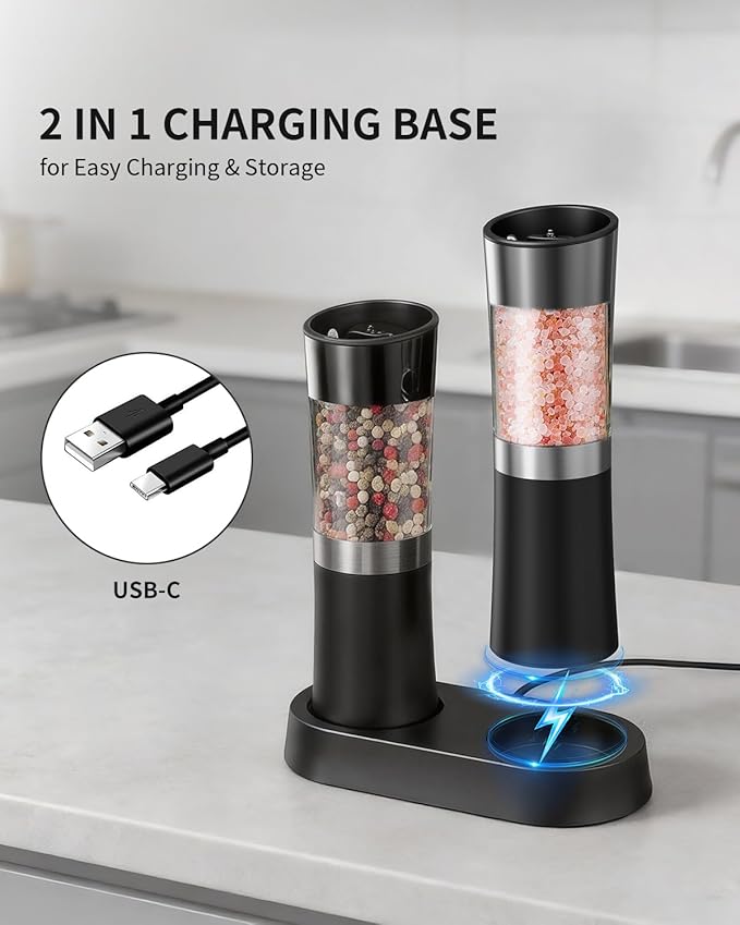 CIRCLE JOY Gravity Sensor Salt and Pepper Grinder Set with Charging Base, Electric Salt and Pepper Mills Set with LED Light, Adjustable Coarseness, No Battery Needed, for Home Kitchen BBQ