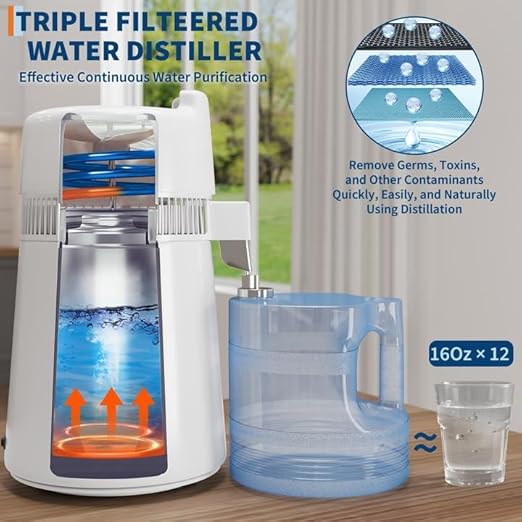 Countertop Water Distiller, 1 Gallon / 4L 750/900W Pure Water Maker with Auto Shut-Off, 304 Stainless Steel & Glass/Plastic, for Home Drinking, Cooking, Appliances – Removes Impurities & Solids