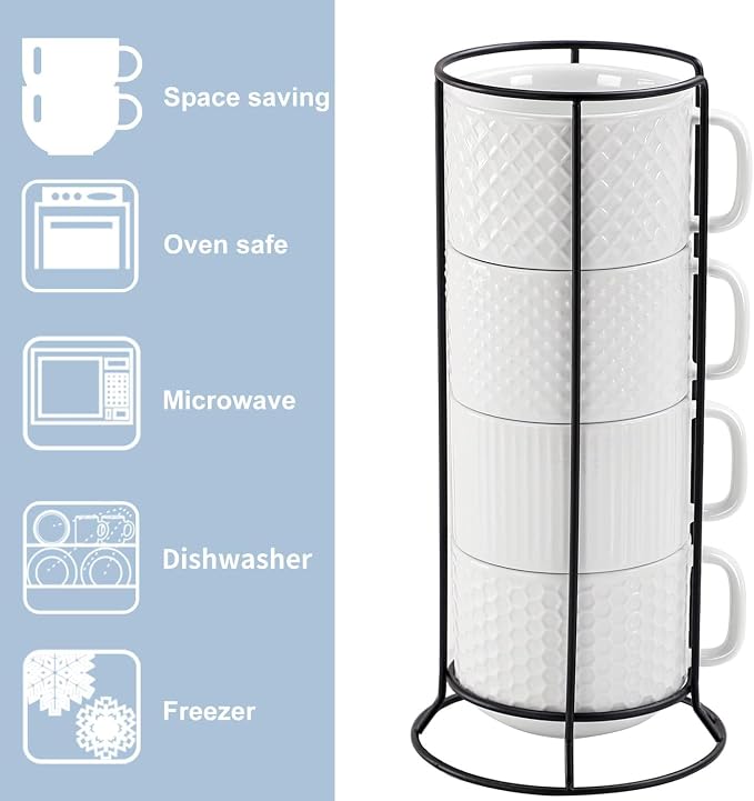 Buyajuju Porcelain Stackable Coffee Mugs Set of 4 with Metal Stand, 12 Ounce Stackable Different Embossment Coffee Cup holder for Coffee, Tea, Cocoa, Drinks, White