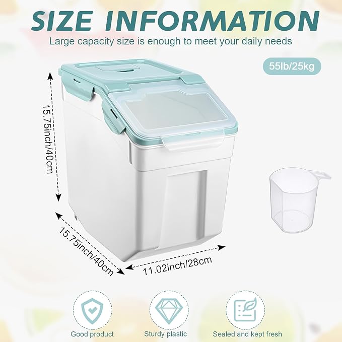 Sunnyray 2 Pcs 55 lbs Grain Rice Storage Container Flour Bin with Wheels Cup Leak Proof Pet Food Storage Boxes Seal Locking Lid Plastic Rice Containers Set for Cereal Flour Cat Dog Food (Blue)