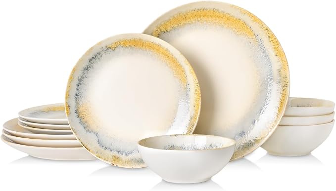 DOMICREVERY Ceramic Dinnerware Sets for 4, 12 pcs Scratch Resistant Dish Set, Lemon Sea