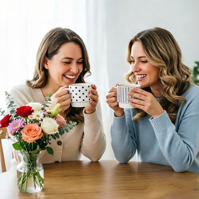 Stackable Coffee Mugs Set of 2, Simple Geometric Patterns Coffee Mug, 12oz Tea Cup Set, Espresso Cups, Stacked Mug Set for Household Party Housewarming Gift (2)