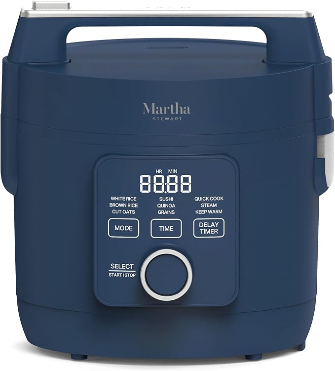 Martha Stewart Rice Cooker, 4 Cup (Uncooked) / 8 Cup (Cooked), Ceramic Non-Stick Removable Pot, Keep Warm, Measure Markings, Steam Basket, Brown & Sushi Rice, Quick Cook, Quinoa, Grains, Oats, Indigo Blue