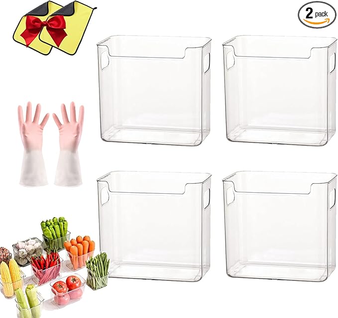Clear Freezer Storage Bins, 4 Pack Clear Plastic Bins for Refrigerator and Pantry, Stackable Kitchen Cabinet Organizer with Handles for Kitchen, Office, Closet, Freezer organization (4*L)