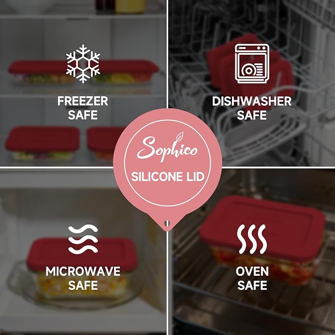 Sophico Silicone Storage Lids Cover Replacement for Pyrex Freshlock and SNAPWARE 2CUP(8602), Rectangle Glass Bowls Containers Set, Airtight Lids, 4 Pack