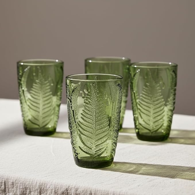 Green Drinking Glasses Set of 8, 12 oz Vintage Hand-Pressed Glass Cups, Fern Textured Highball Tumblers, Antique Style Boho Glassware for Water, Juice, Cocktails & Mocktails, Housewarming Gift Set