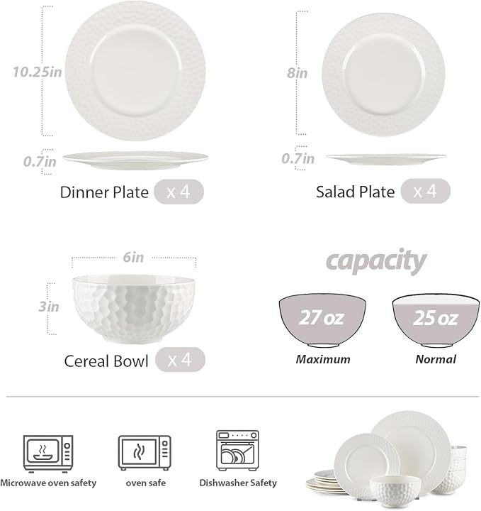12-Piece Ceramic Dinnerware Set for 4, Water Cube Texture Dishes and Plates Sets, Includes Plates and Bowls, Minimalist High-Temperature Reinforced Porcelain, White