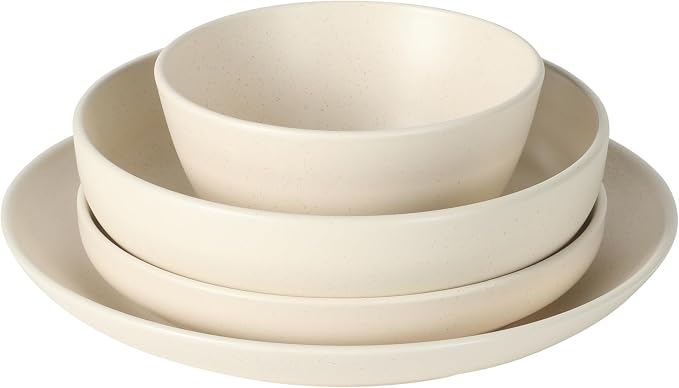 Gibson Elite Leeds Court Plates and Bowls Sets, 16-Piece Stoneware Dinnerware Sets, Cream White, Round Speckle Reactive Glaze Dish Set