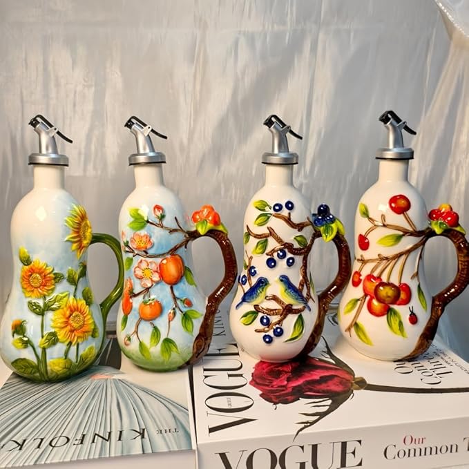 18.26oz/540ml Ceramic Olive Oil Dispenser Bottle,Hand Painted Reliefs Oil Dispenser for Kitchen,Oil Bottles for Kitchen (Sunflower)