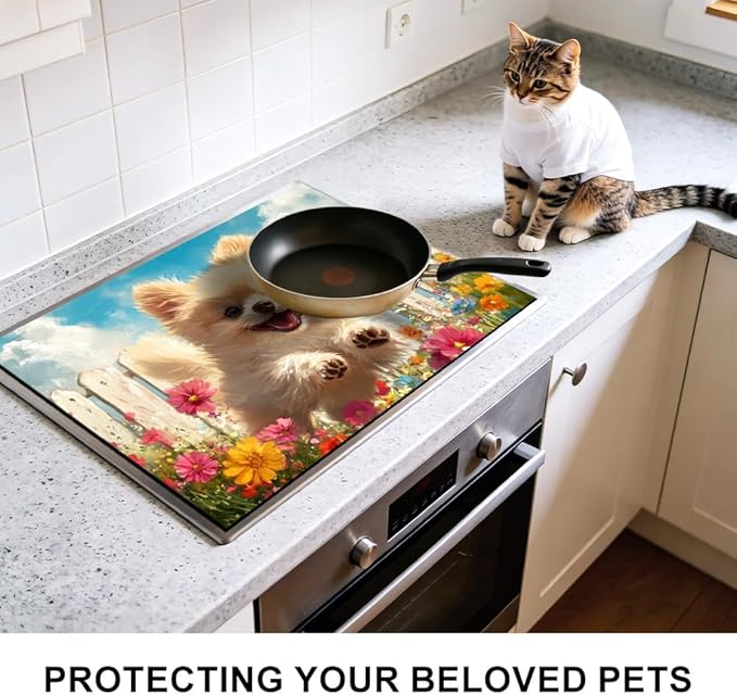 Stove Top Cover for Electric Stove 28.35 x 20.47 Inch Non Slip Stove Mat Pomeranian Puppy Floral Glass Cooktop Protector Kitchen Counter Mat