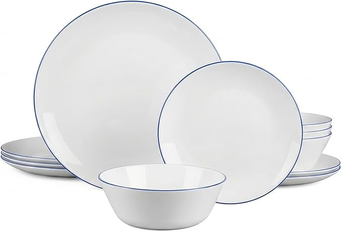 Dinnerware Sets for 4, LaGlint 12 Pieces Opal Glass Plates and Bowls Set, Dishwasher and Microwave Safe Dish Dinning Ware Set, Chip and Scratch Resistant Dishware Sets Hand Painted Navy Blue Rim