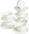 White Ceramic Tea Cup and Saucer Set of 6 (12-Piece) - 6oz Elegant Porcelain Cups with Gold Rim, 6 Cups & 6 Saucers for Tea Party